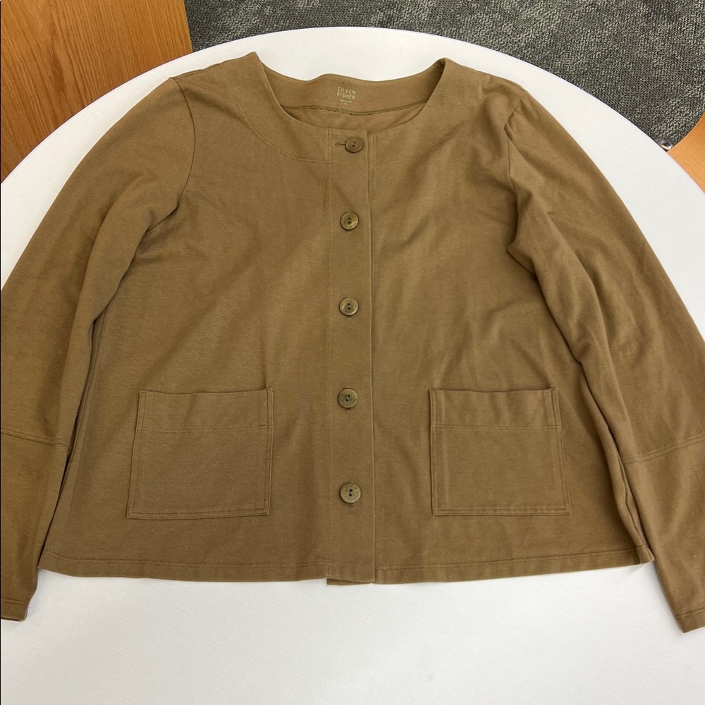 Eileen Fisher green scoop neck long sleeve button up sweater with pockets medium